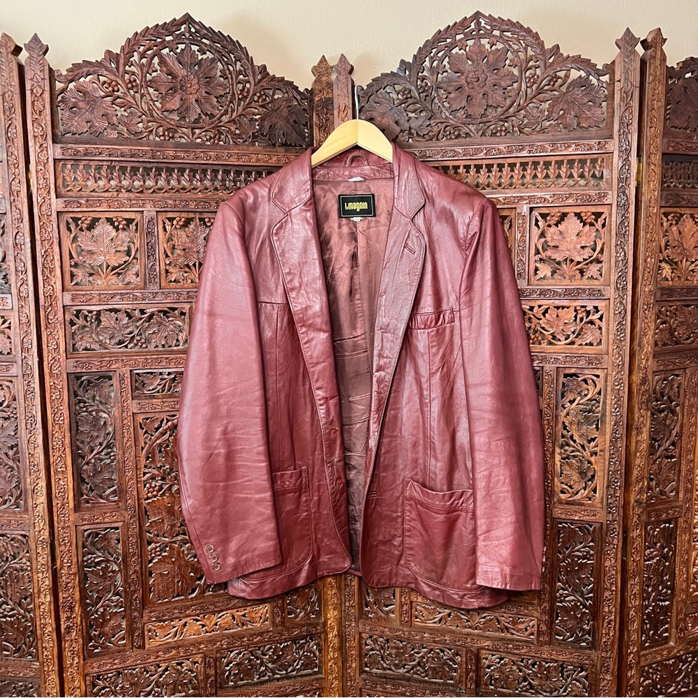Vintage I. Magnin Leather Blazer Mens 44 Burgundy Brown Leather Jacket Classic